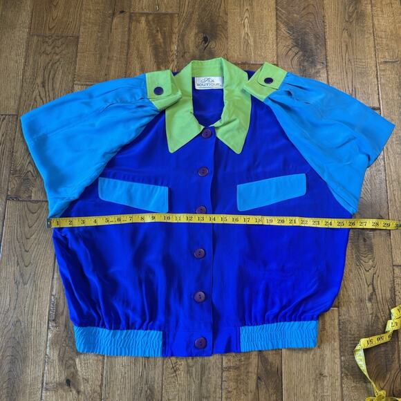 Vintage 100% Silk Blouse Blue Green Color Block Button Down Shirt Womens Sz 1X - Picture 4 of 6
